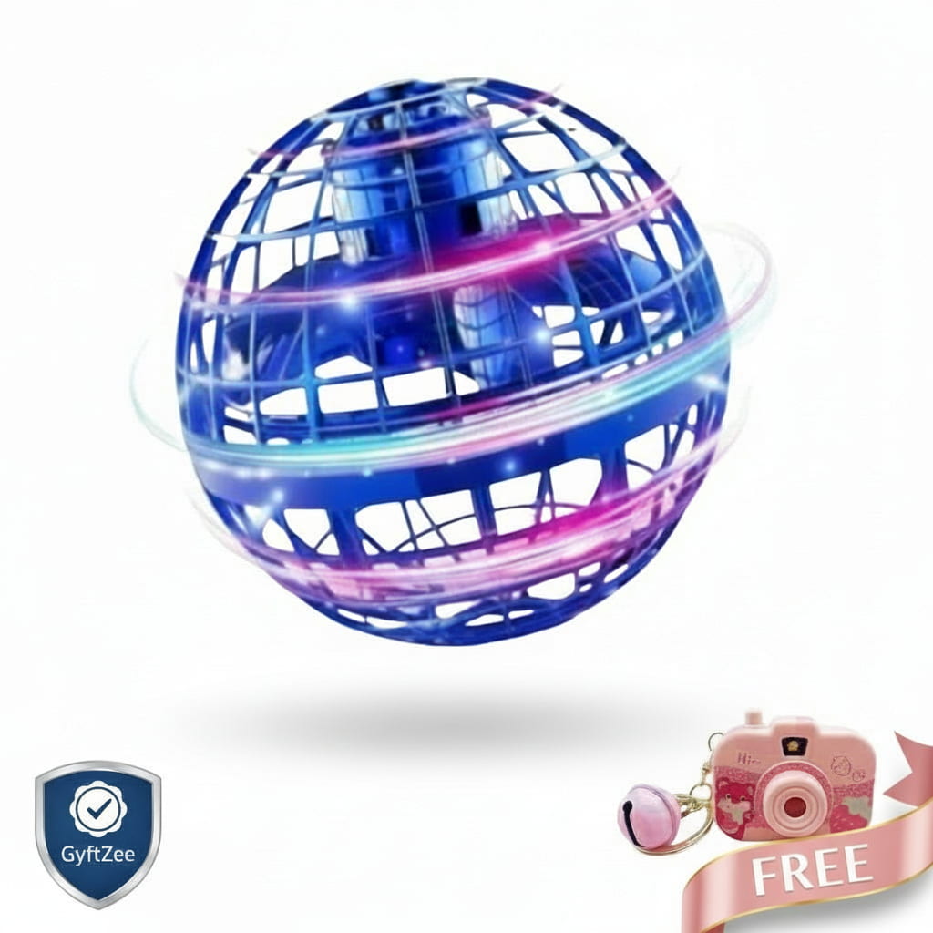 Colorful glowing sphere with a free camera keychain offer on a white background