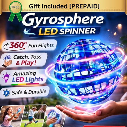 Gyrosphere LED Spinner with colorful lights on a promotional background