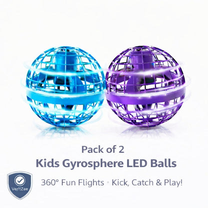 Two colorful Gyroscope LED Balls on a white background with product details.
