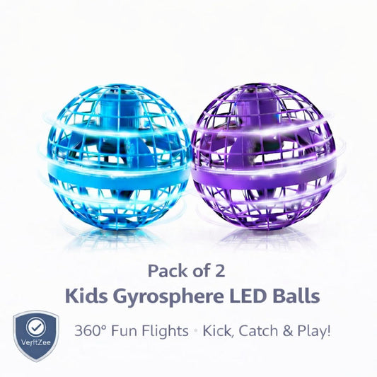 Two colorful Gyroscope LED Balls on a white background with product details.