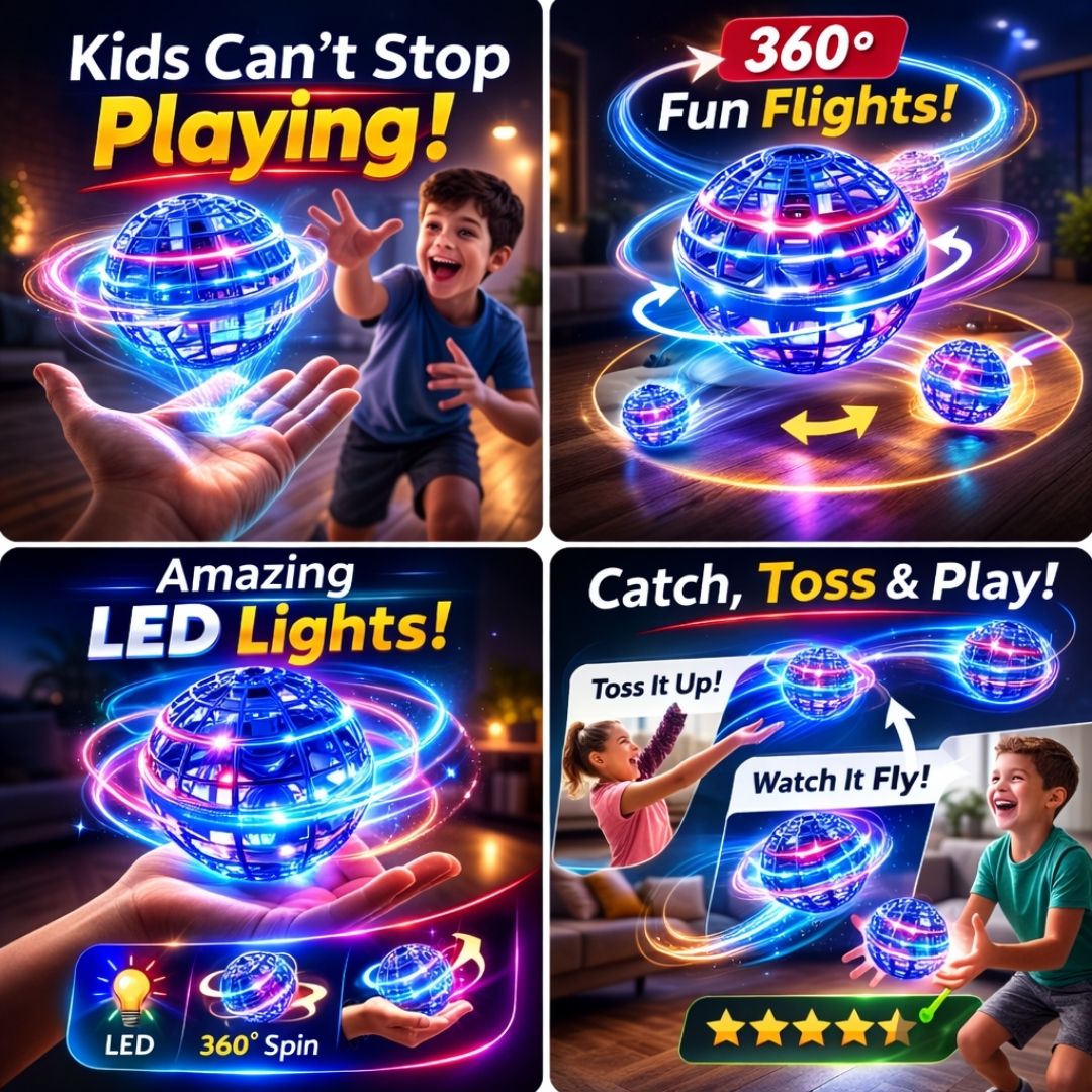 Promotional image of a glowing ball toy with text highlighting features like '360° Fun Flights', 'Amazing LED Lights', and 'Catch, Toss & Play'.