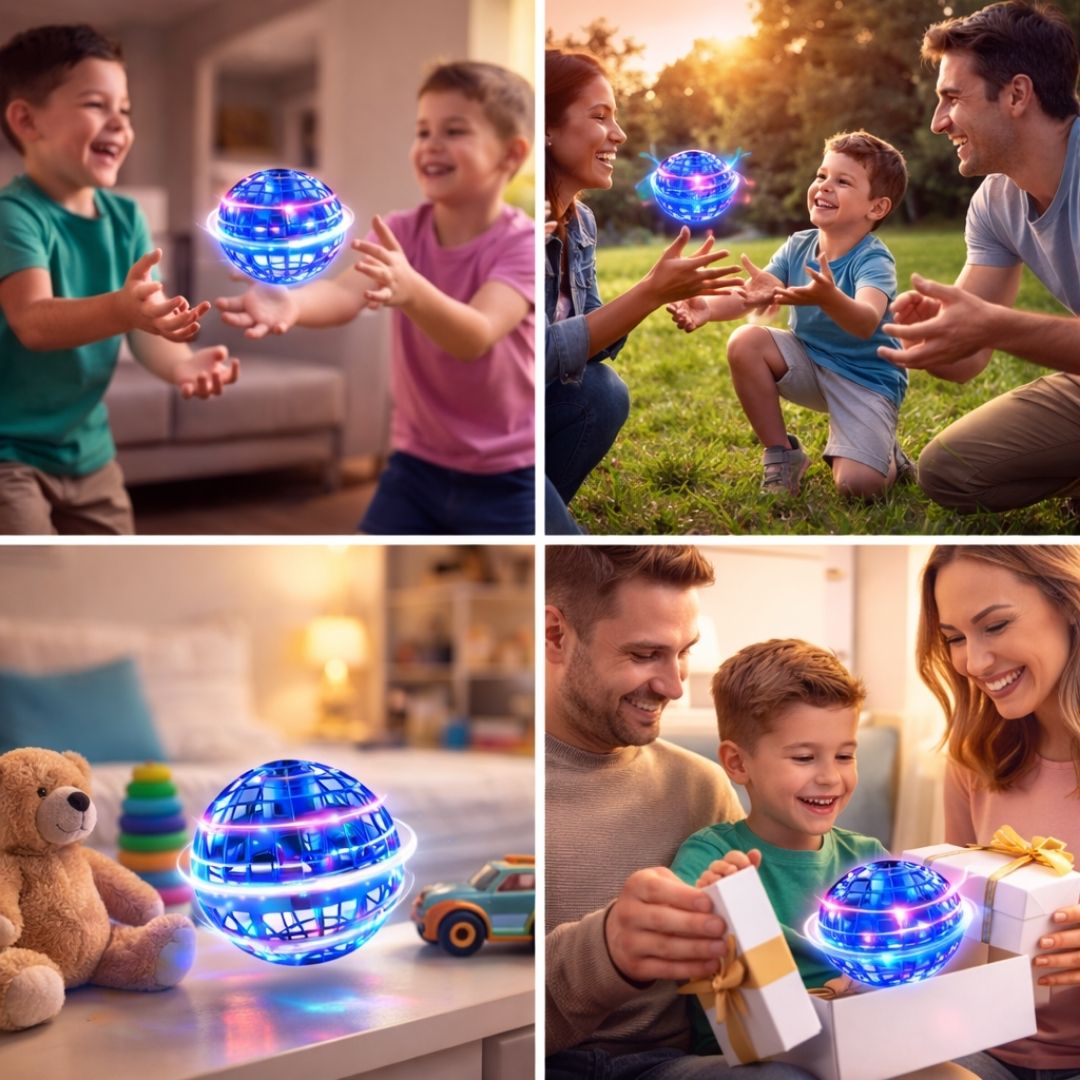 Collage of a glowing blue ball being played with by children and families in various settings.