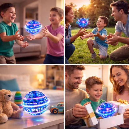 Collage of a glowing blue ball being played with by children and families in various settings.