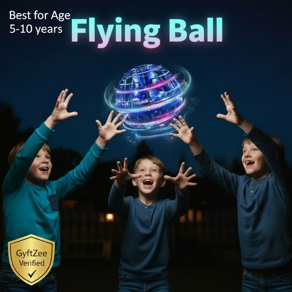 Children playing with a glowing flying ball toy against a dark background, with 'GyftZee Verified' badge. Gyrosphere flying ball