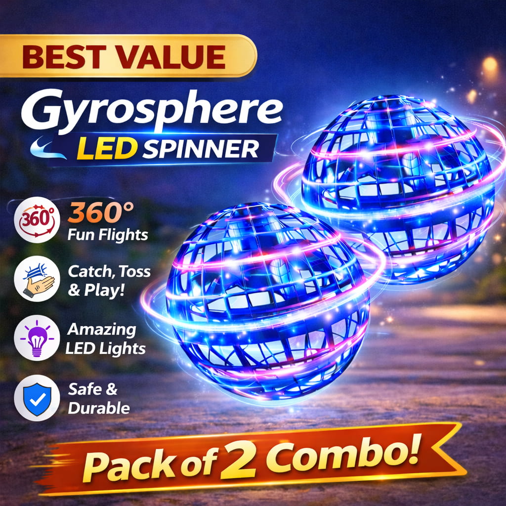 Gyrosphere LED spinner with blue and purple lights on a dark background, featuring text about its features and value.