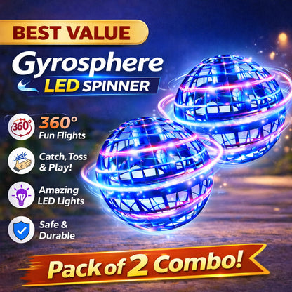 Gyrosphere LED spinner with blue and purple lights on a dark background, featuring text about its features and value.