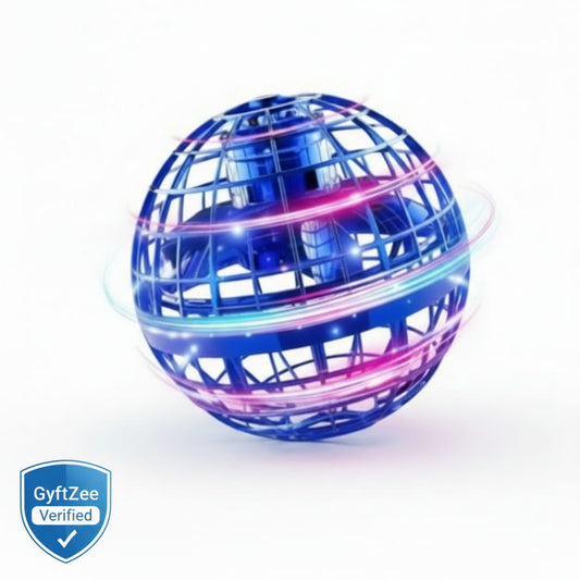 Colorful glowing sphere toy with GyftZee verification logo on a white background. Gyrosphere flying LED ball outdoor playtime for kids 5 years is best
