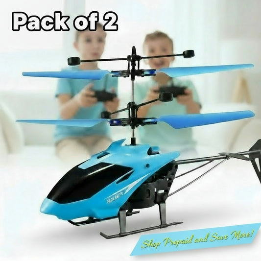 A collage of images showing a blue and black remote-operated helicopter toy. The images highlight the helicopter's design, remote control feature, and a safety feature that automatically powers off the helicopter when it detects a shock.