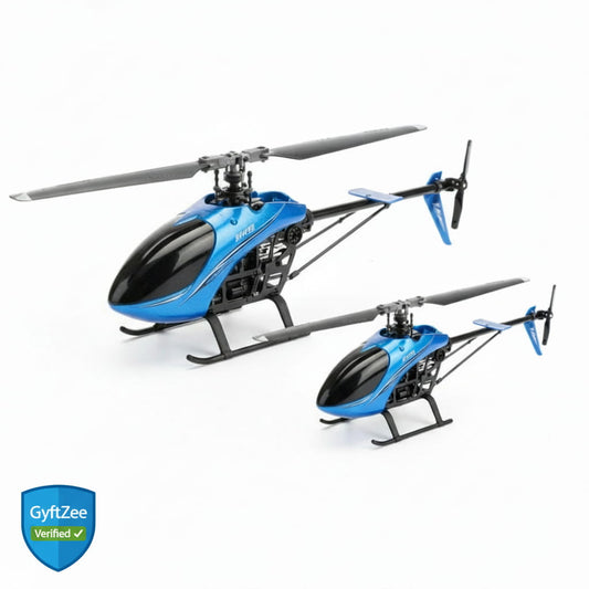 Two blue and black helicopters on a white background with GyftZee logo.