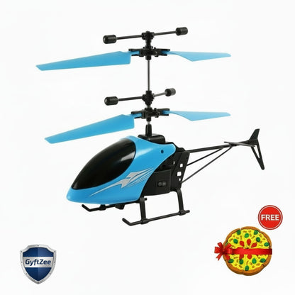 Blue toy helicopter with black propellers on a white background, featuring the GyftZee brand.