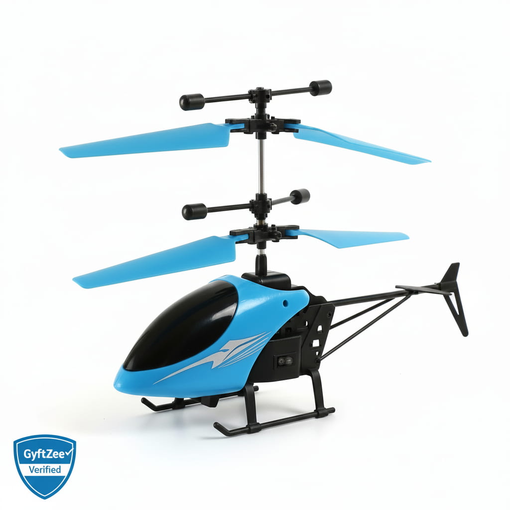 Blue and black toy helicopter on a white background with GyftZee verified logo. Sensor Helicopter for kids age 5+