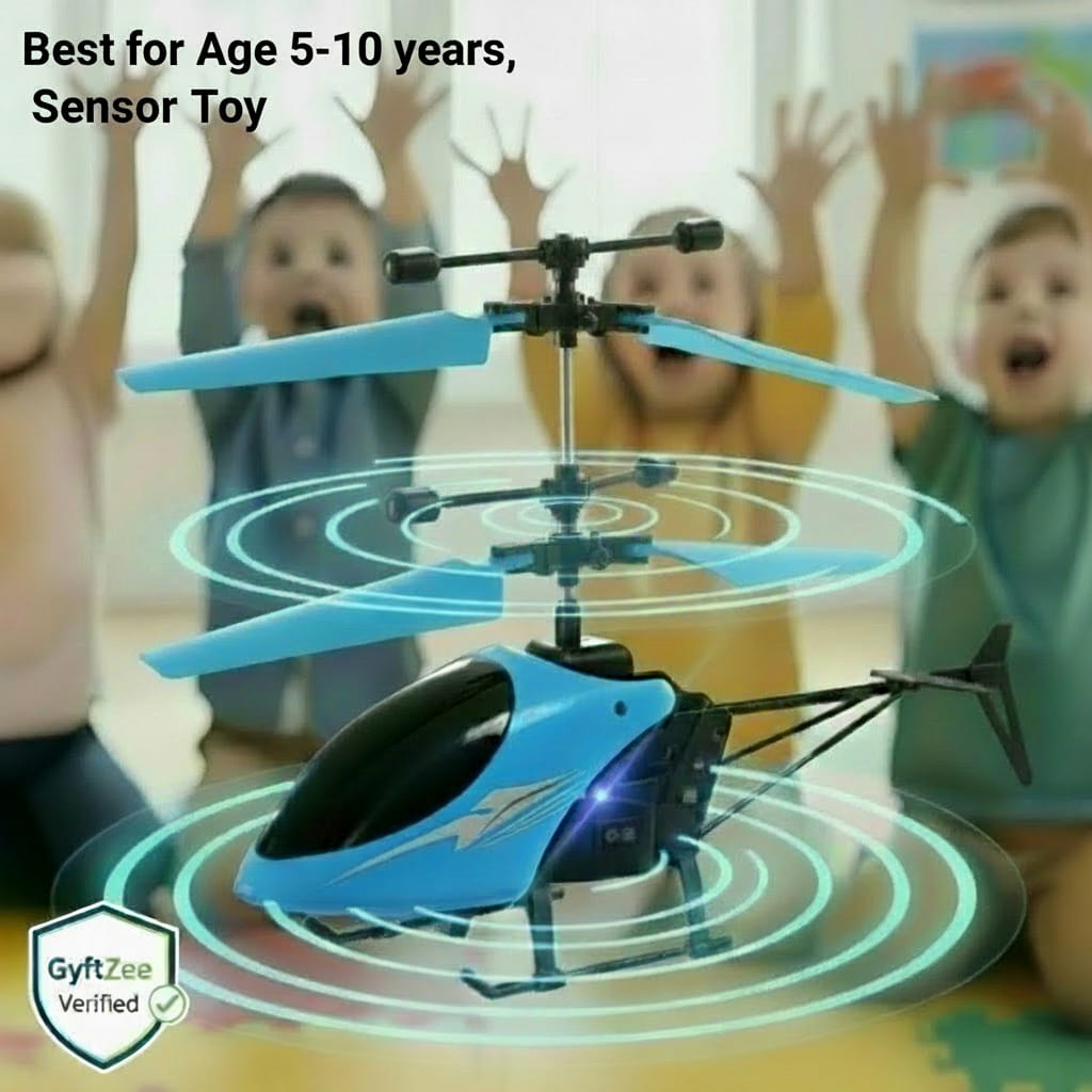 Toy helicopter with children in the background and a 'GiftyZee Verified' badge. Sensor helicopter kids age 5-10 years