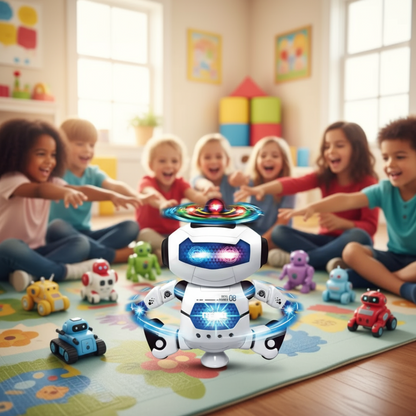 Children playing with a robot toy in a colorful room