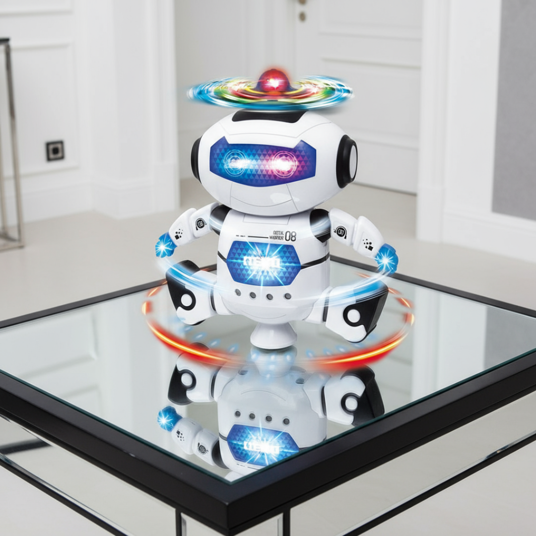 Toy robot with colorful lights on a reflective surface