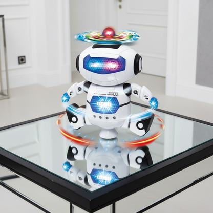 Toy robot with colorful lights on a reflective surface