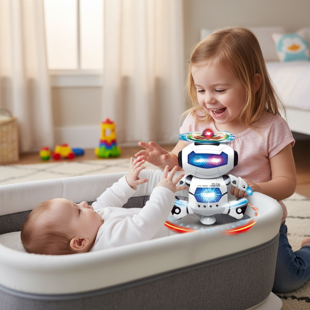 Two children playing with a dancing hero robot toy in a crib.