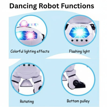 Diagram of a dancing robot with labeled functions on a light blue background