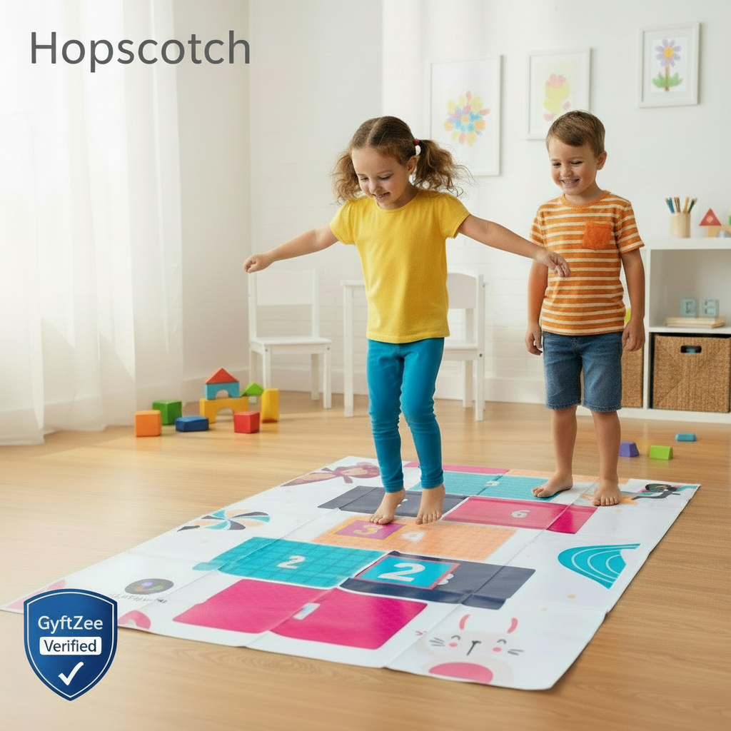 Two children playing on a colorful mat with numbers and shapes in a room.