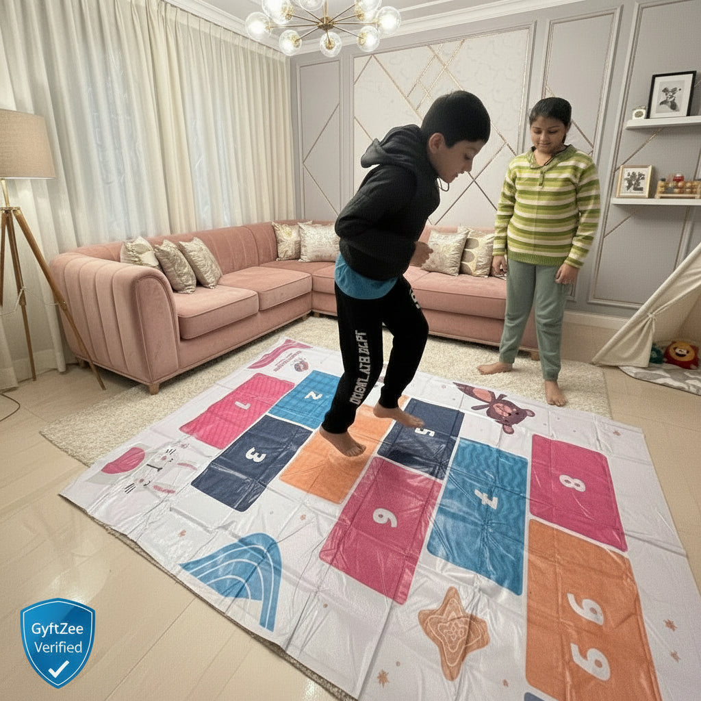 Two children playing on a colorful mat in a living room.