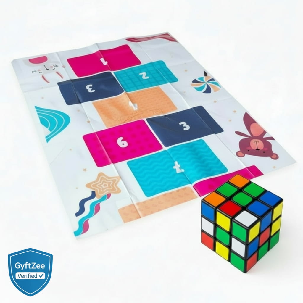 Colorful Rubik's Cube next to a Hopscotch game mat with numbers and shapes on a white background