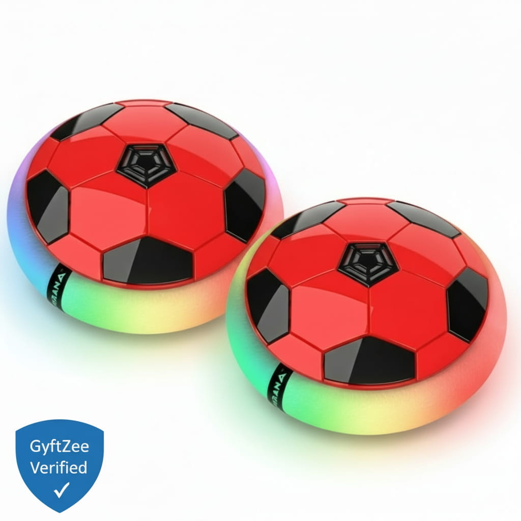Two red soccer ball-shaped hoverboards with colorful LED lights on a white background, featuring the GyftZee logo. Hover football