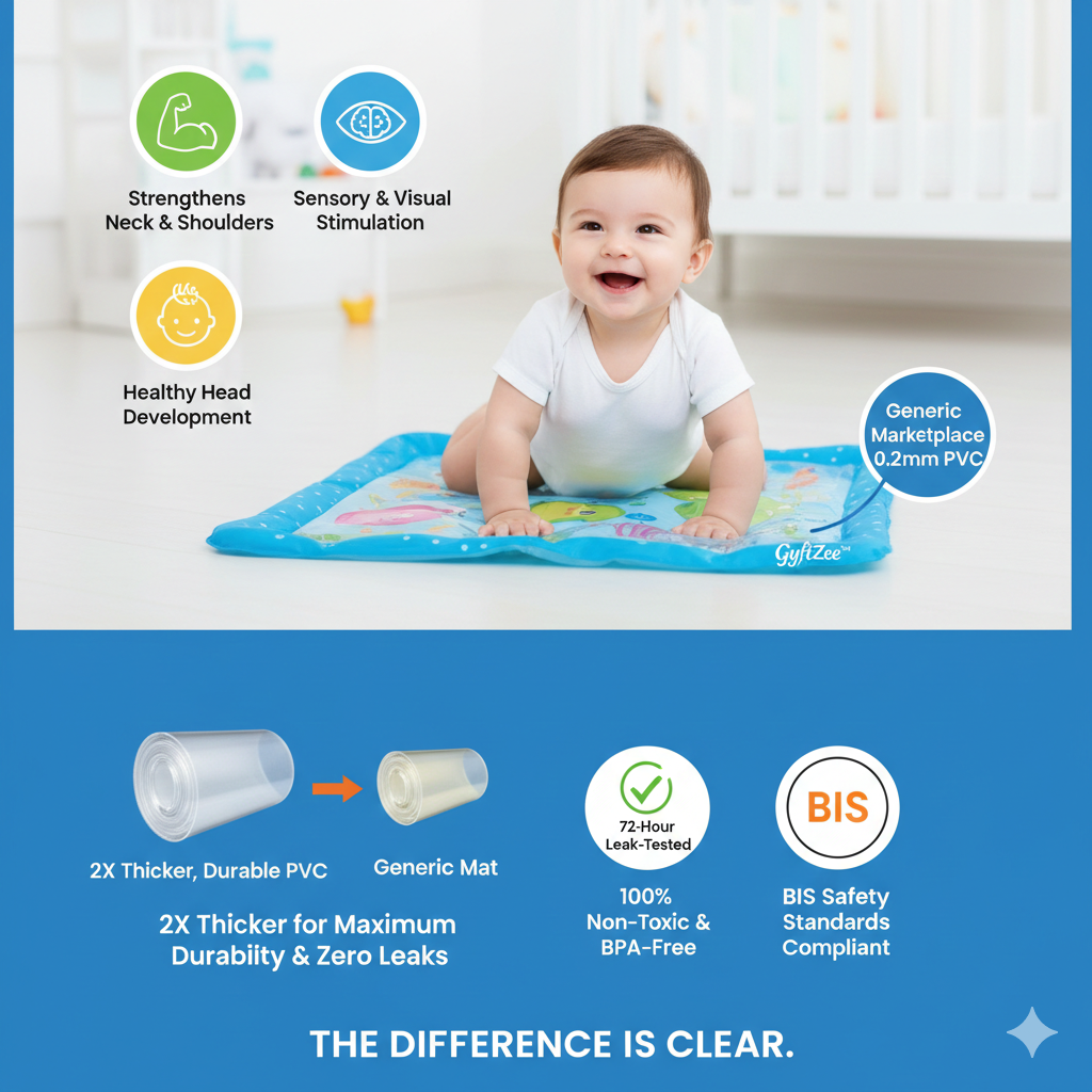 Baby playing on a colorful mat with product features highlighted