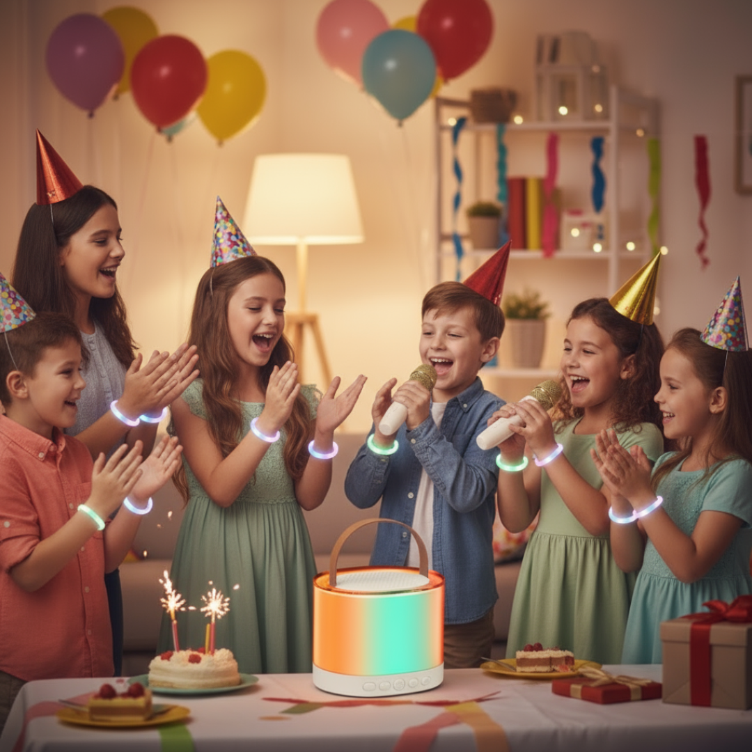 Colorful portable speaker with two microphones on a white background