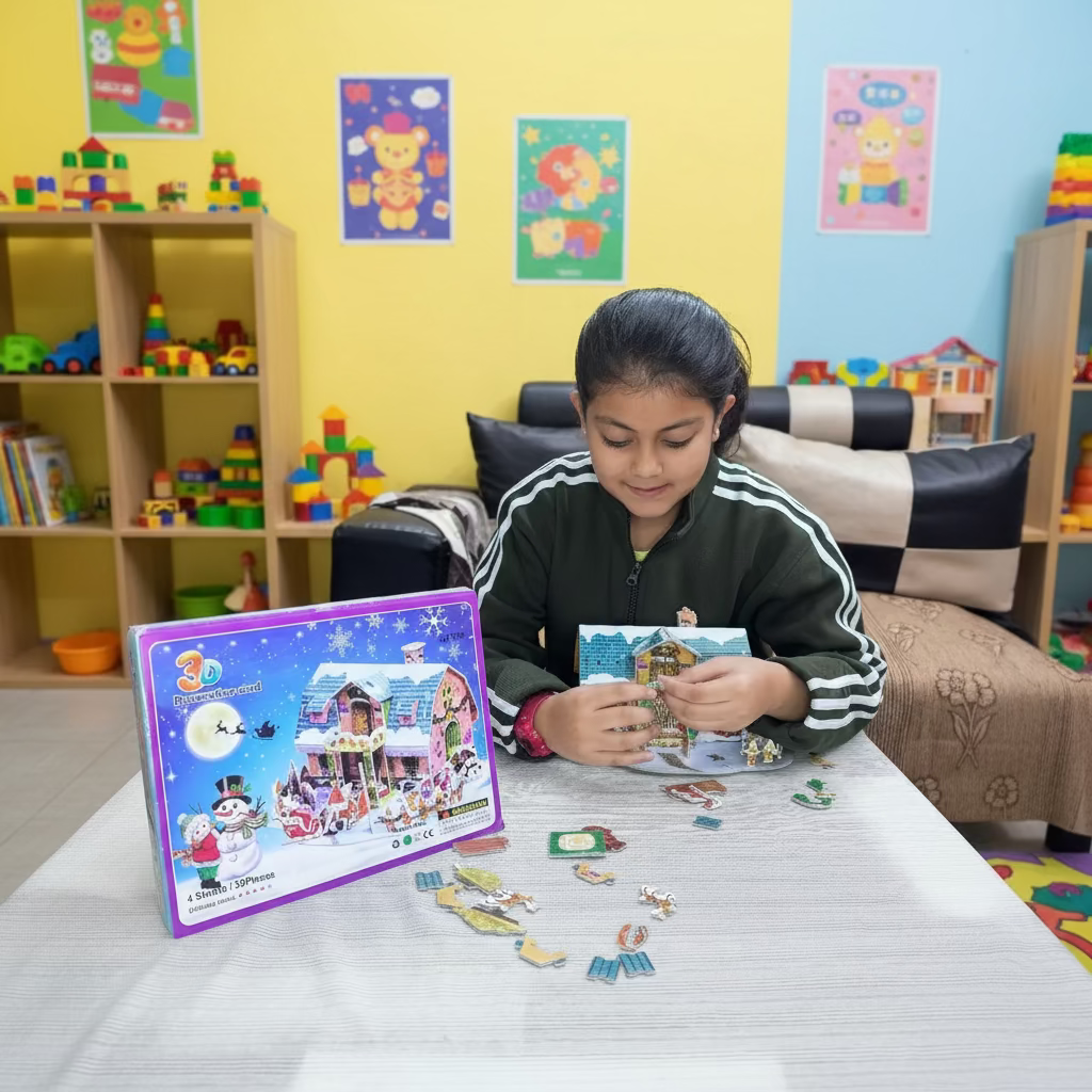 Child playing with a toy set on a table with a curtain background