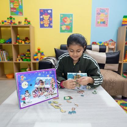Child playing with a toy set on a table with a curtain background