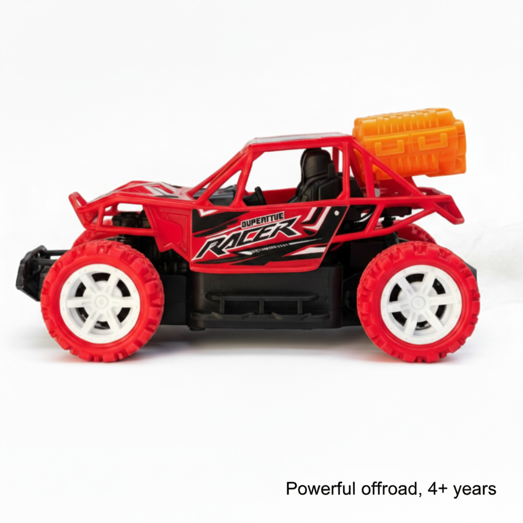 Red toy off-road vehicle with large wheels on a white background