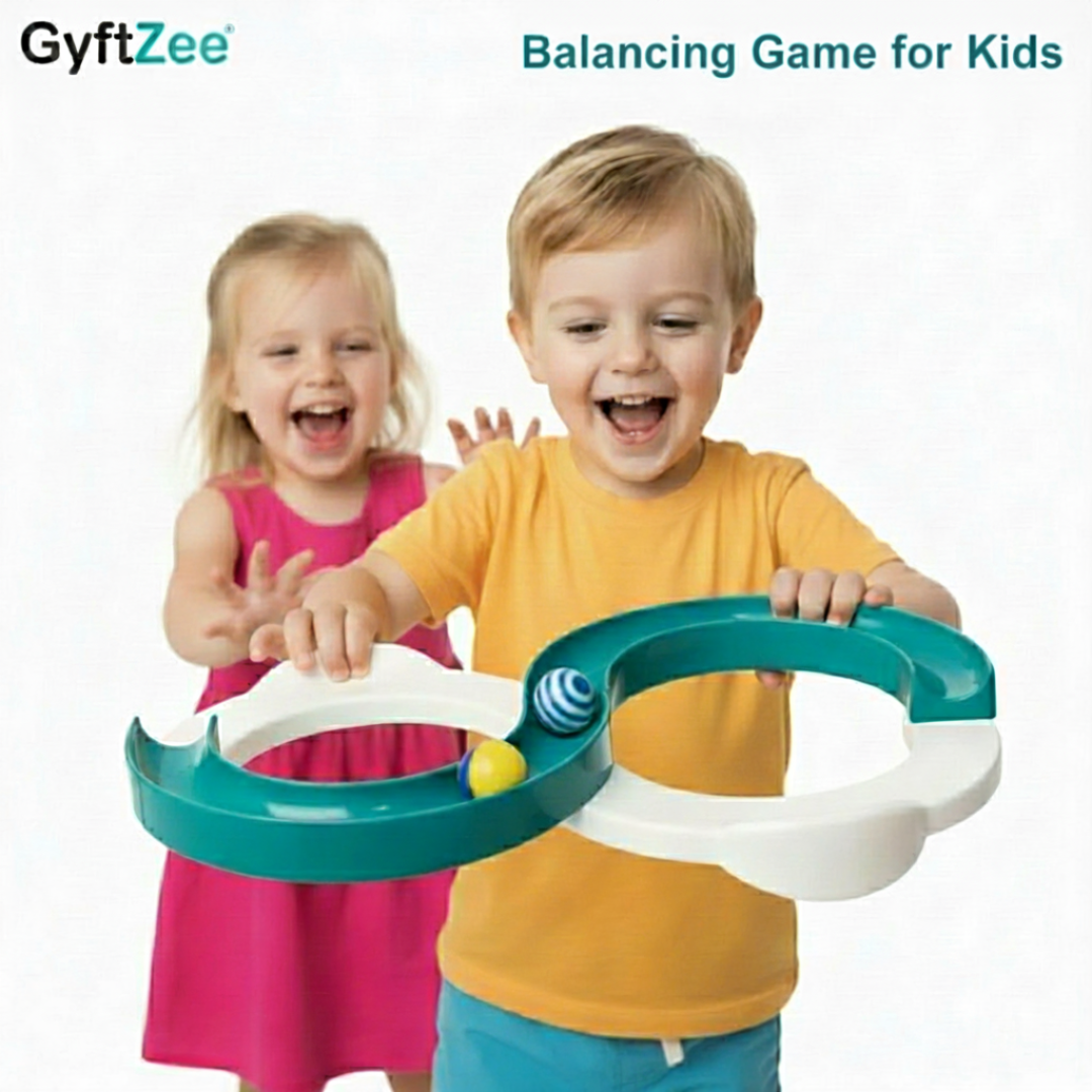 Two children playing with a infinite loop colorful toy track on a white background