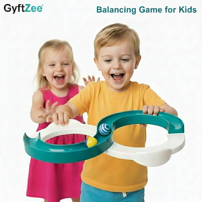 Two children playing with a infinite loop colorful toy track on a white background