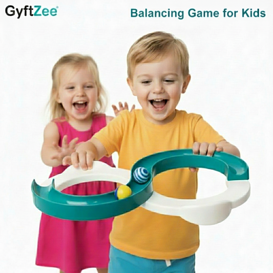 Two children playing with a infinite loop colorful toy track on a white background