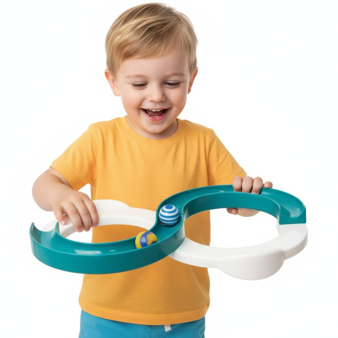 Child playing with a colorful infinite loop toy track on a white background