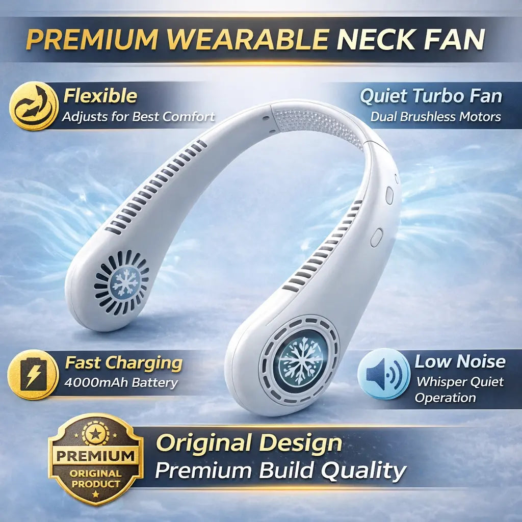 Wearable neck fan with features highlighted on a blue background