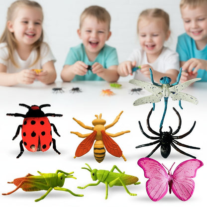 Children playing with toy insects on a white background