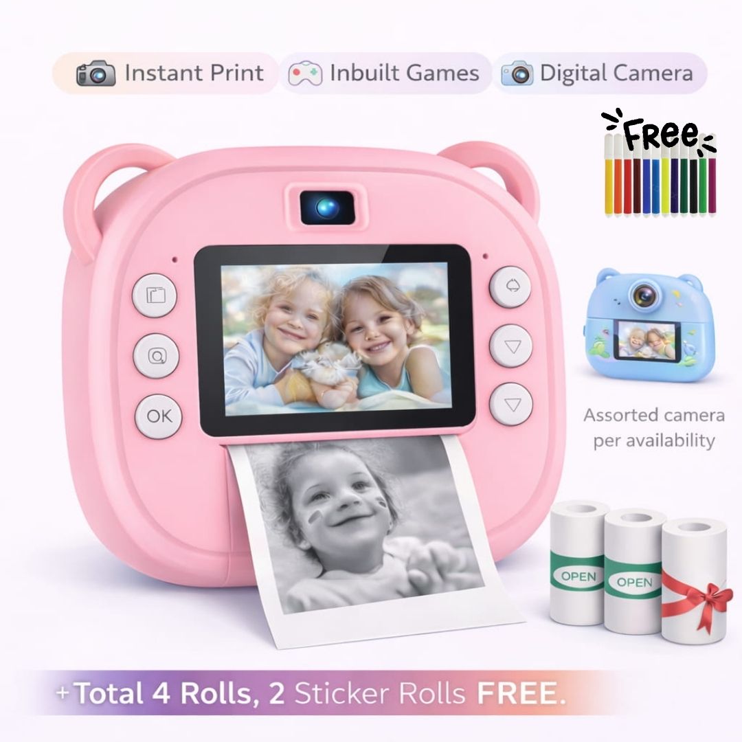 Pink children's camera with photo display and instant print feature on a white background