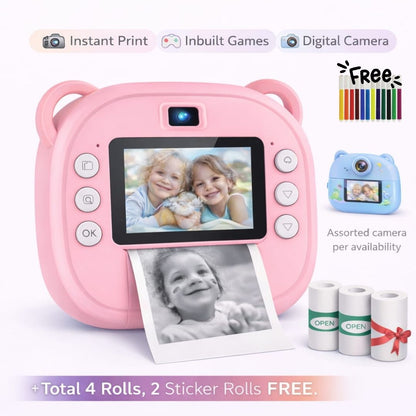 Pink children's camera with photo display and instant print feature on a white background