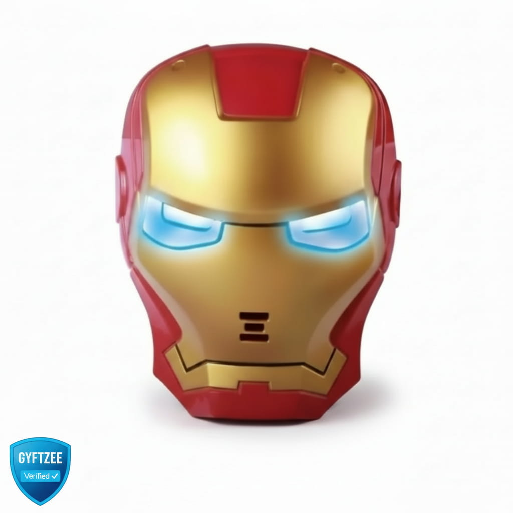 Red and gold Iron Man helmet with glowing blue eyes on a white background, featuring the Gyftzee logo.