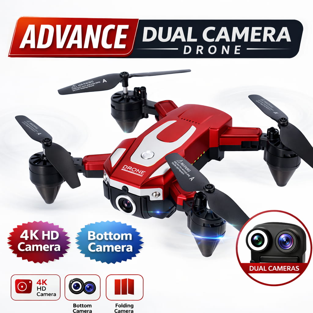 Red and black drone with dual camera features on a white background