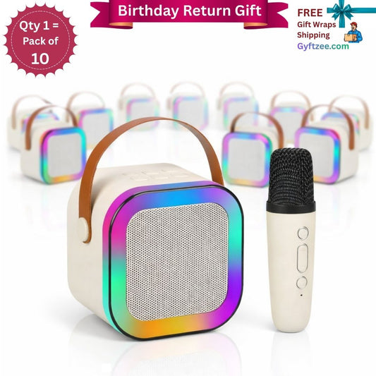 Colorful portable speaker with microphone on a white background, promotional text overlay.