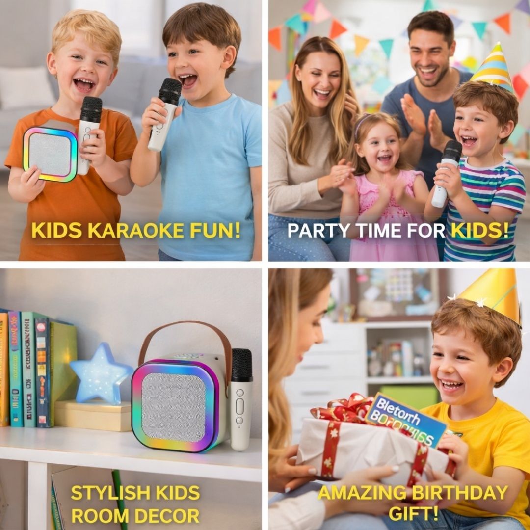 Collage of images showing kids using a portable speaker, family celebrating, and birthday gift scene with text highlighting product features.