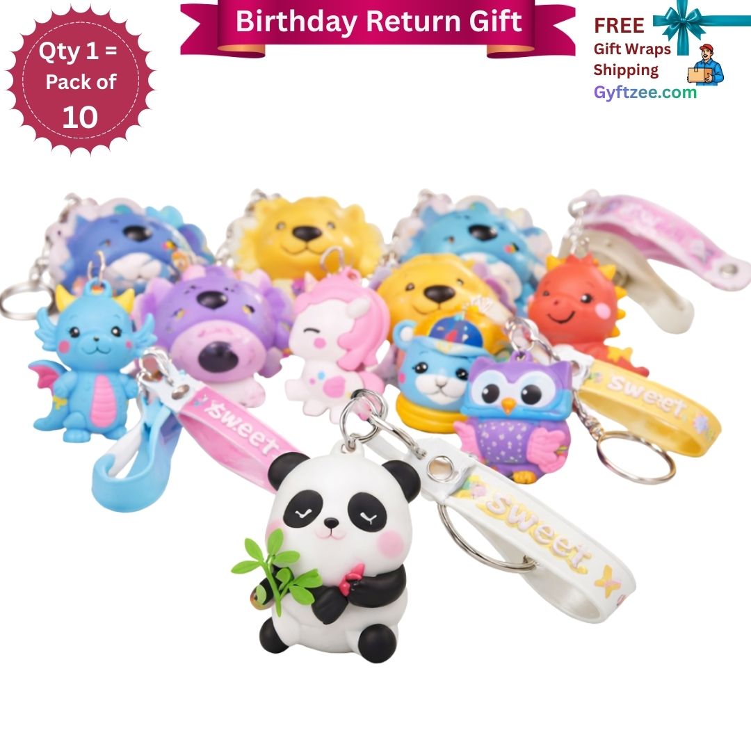 Pack of 10 colorful keychains with various designs on a white background