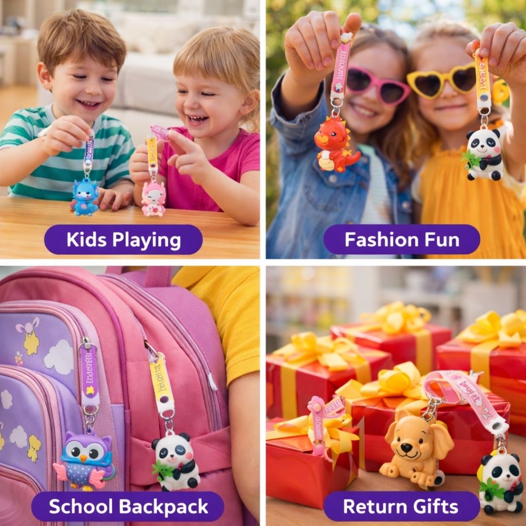 Collage of children playing with keychains, wearing sunglasses, and a school backpack with keychains.