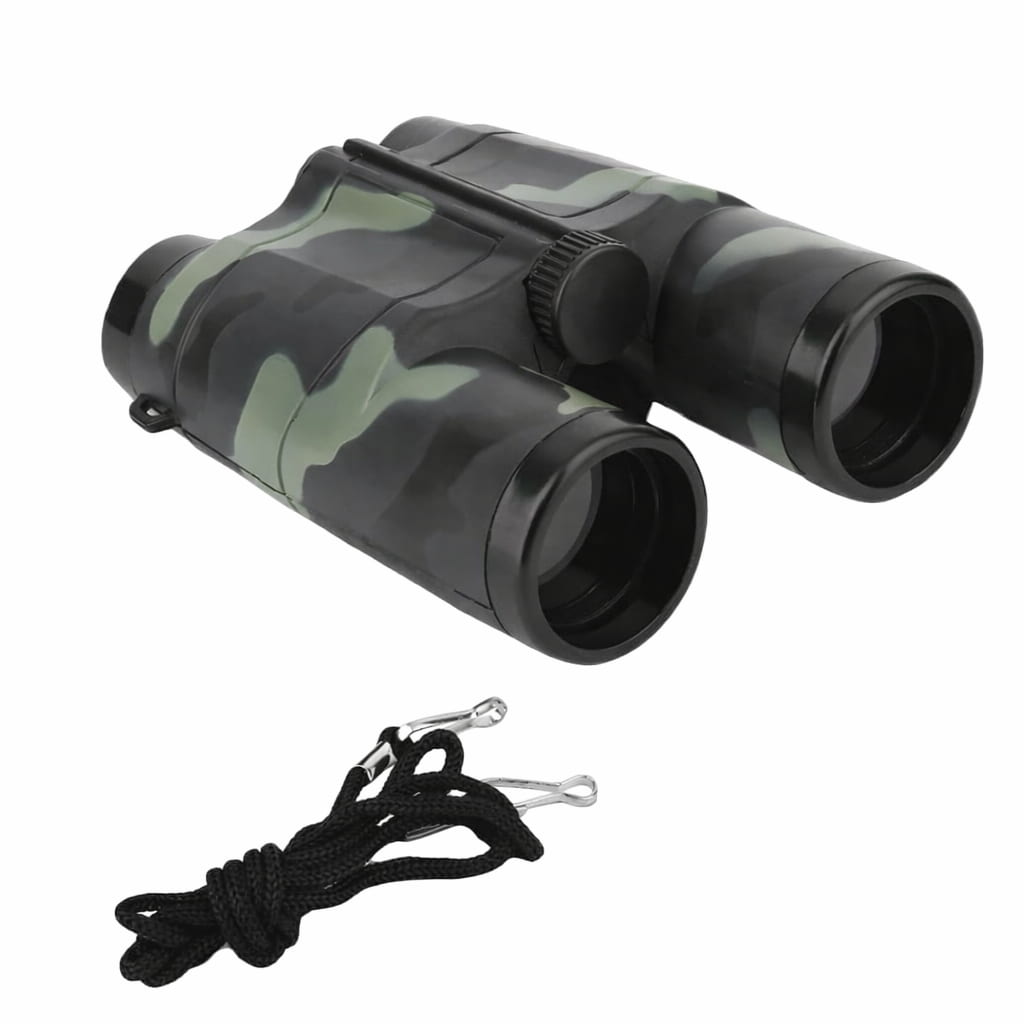 Camouflage-patterned binoculars with a lanyard on a white background