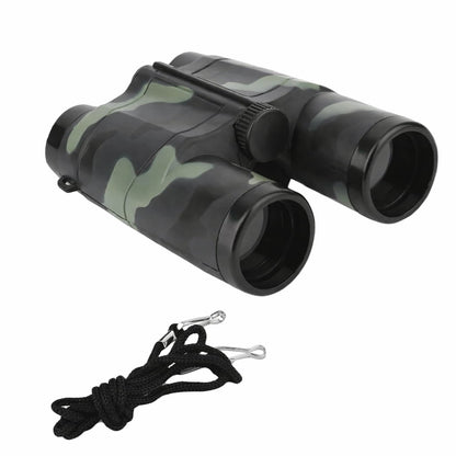 Camouflage-patterned binoculars with a lanyard on a white background