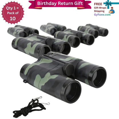 Pack of 10 camouflage binoculars with promotional text on a white background