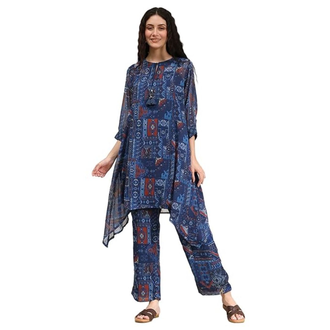 Cotton | Neck Flared Kurta and Palazzo Set for Women