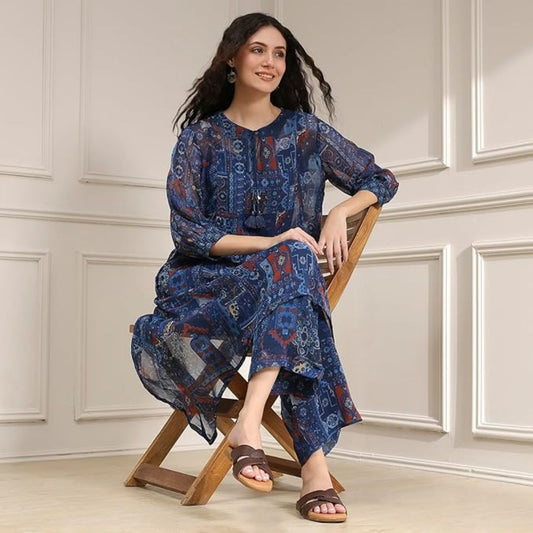 Cotton | Neck Flared Kurta and Palazzo Set for Women