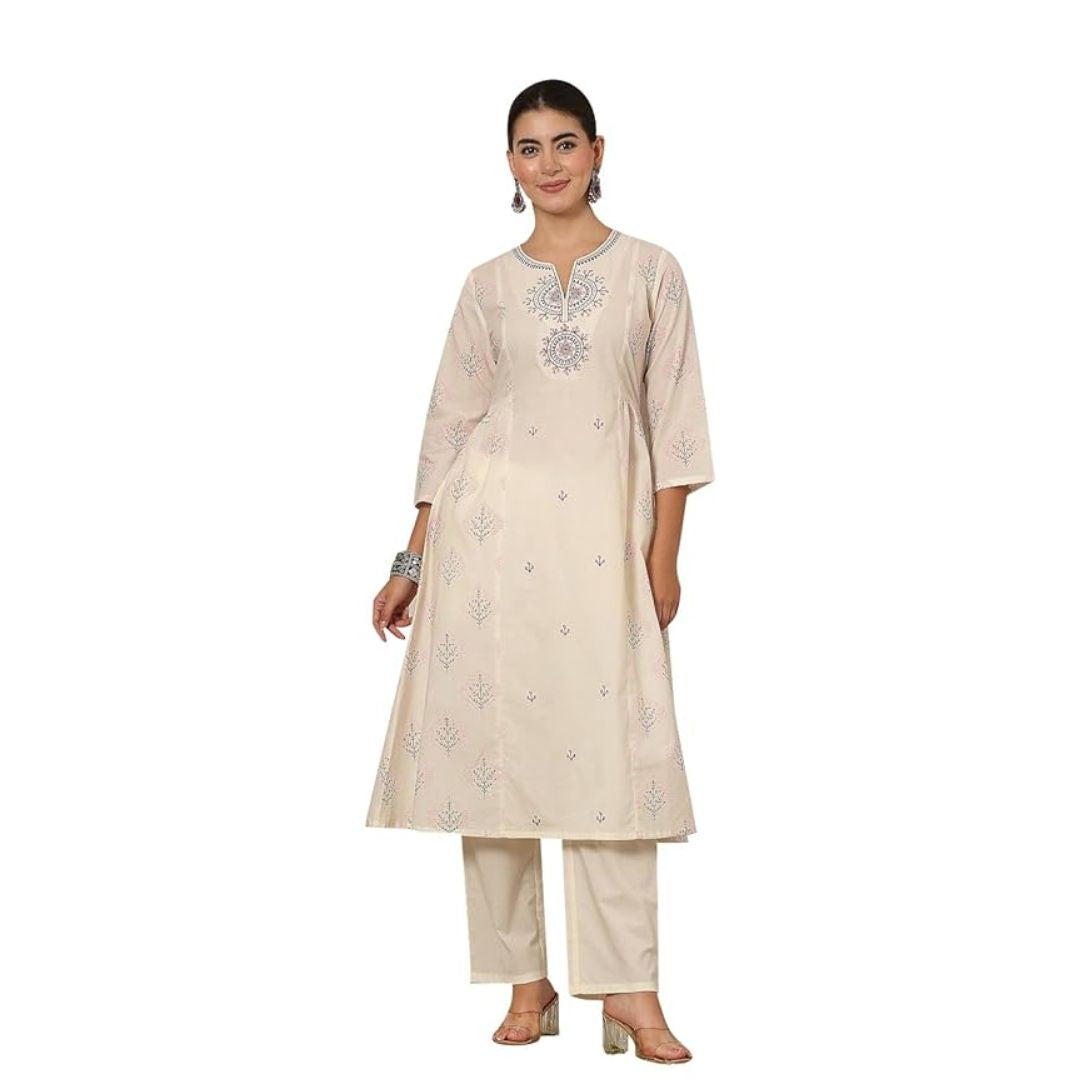 Embroidered Yoke Round Neck Flared Kurta and Palazzo Set for Women